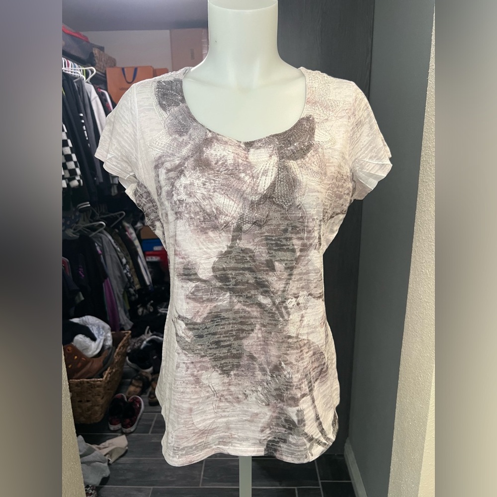 Coldwater Creek White & Gray Short Sleeve Top